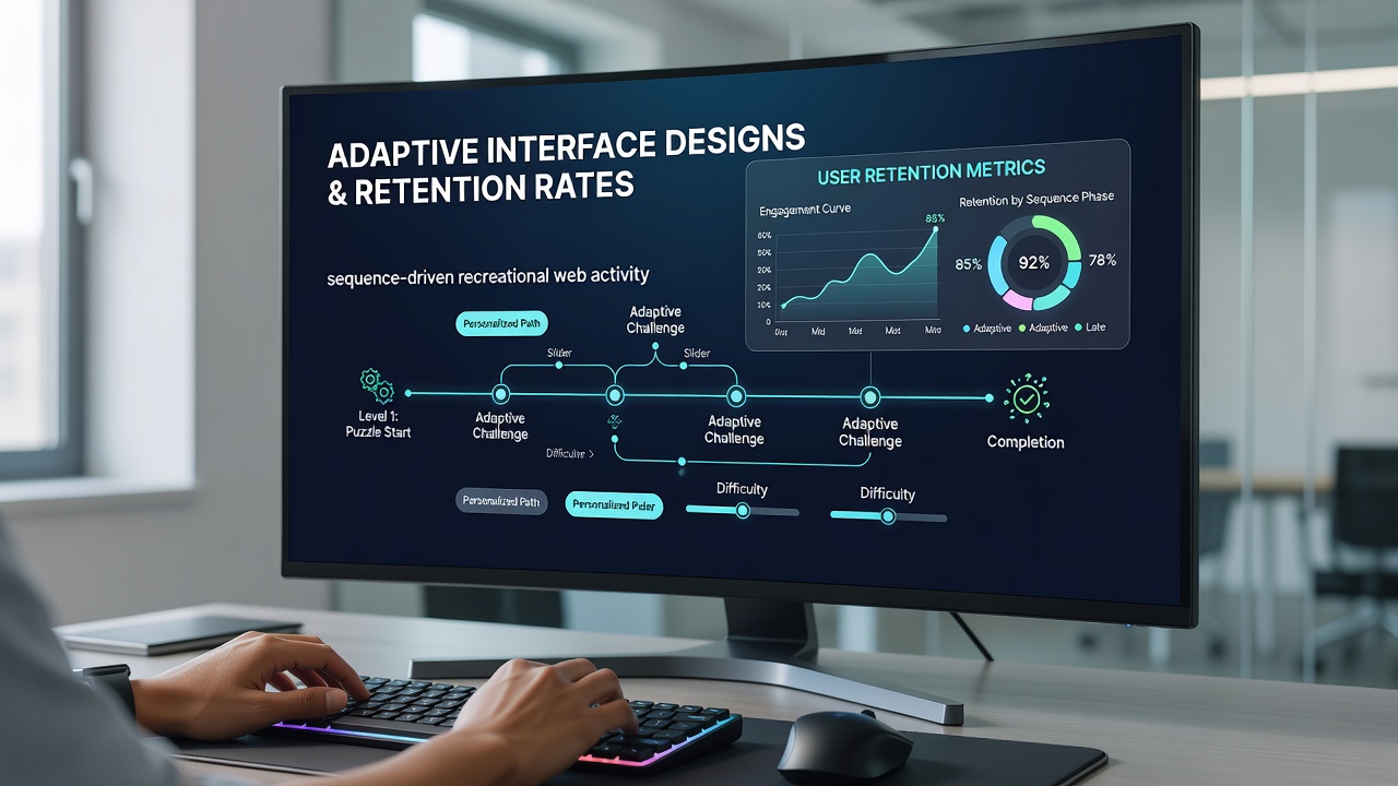User retention dashboard displaying adaptive UI variations and engagement metrics for sequence puzzle web activities
