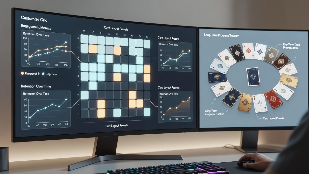 Players adjusting grid layouts and card themes on a web-based puzzle platform interface