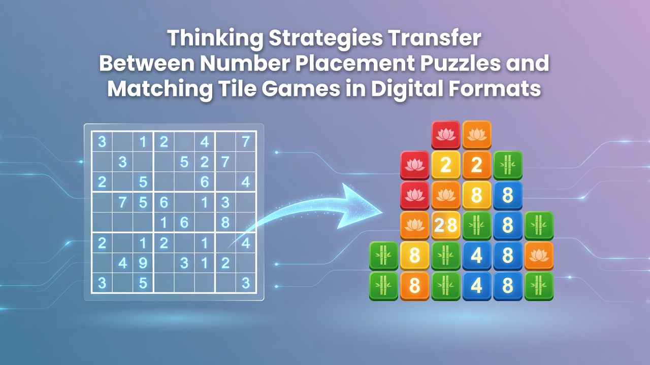Digital interface showing a number placement puzzle grid alongside a matching tile game board on a tablet screen
