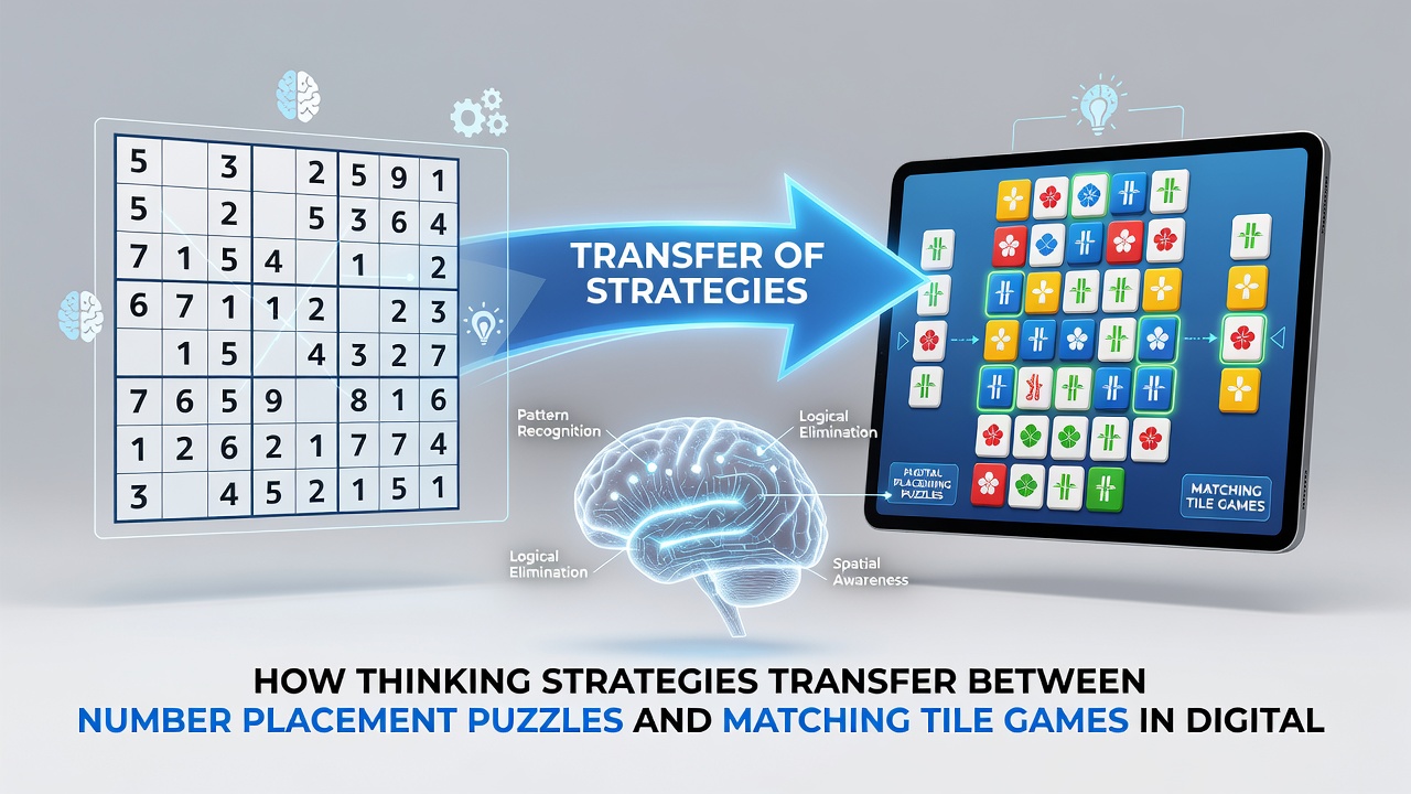 Split screen view of a user solving a digital Sudoku grid on one side and clearing matching tiles on the other with overlaid strategy annotations