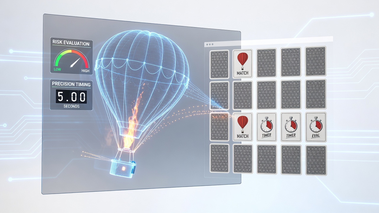 Browser interface showing balloon inflation stages alongside a classic card matching grid with highlighted timing indicators