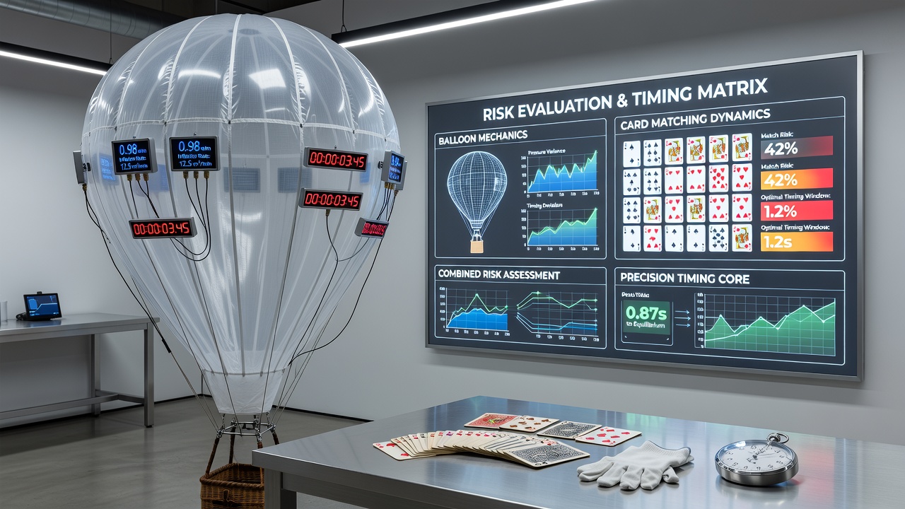 Split view of a balloon game reaching critical pressure next to a card grid with sequence prediction overlays in a browser window