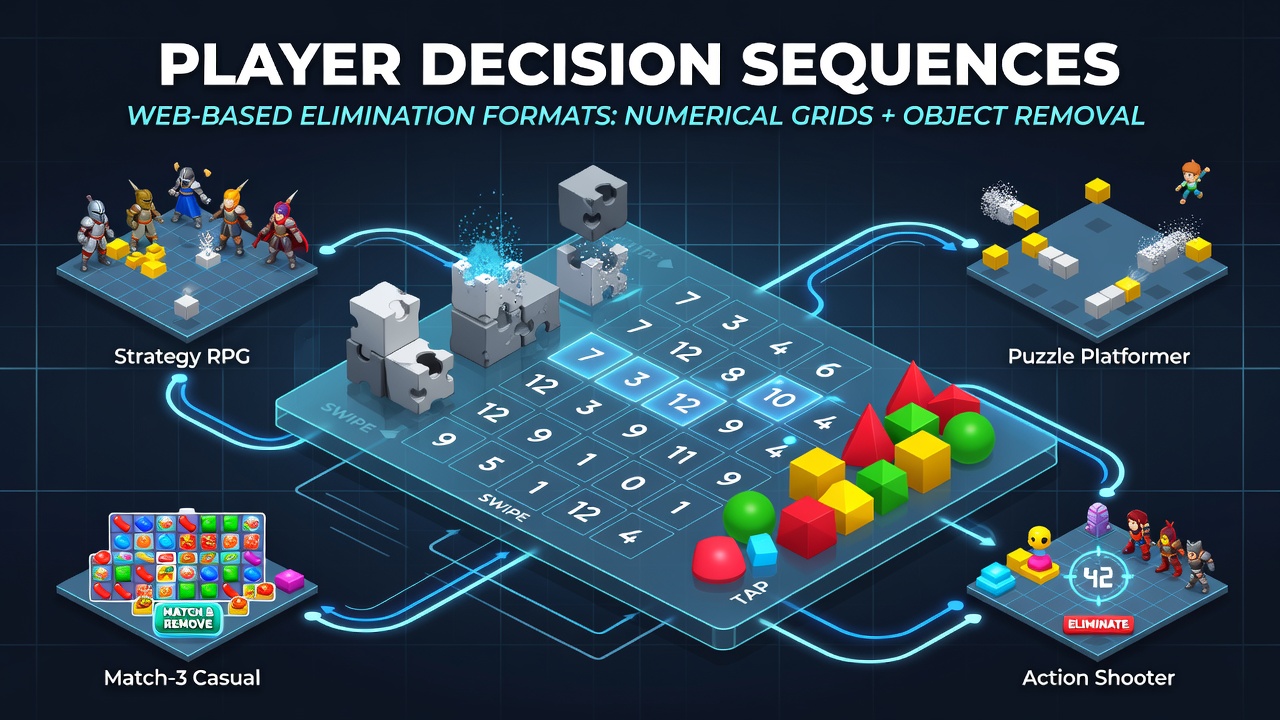 Numerical grid interface combined with floating object removal sequences in a browser-based puzzle environment