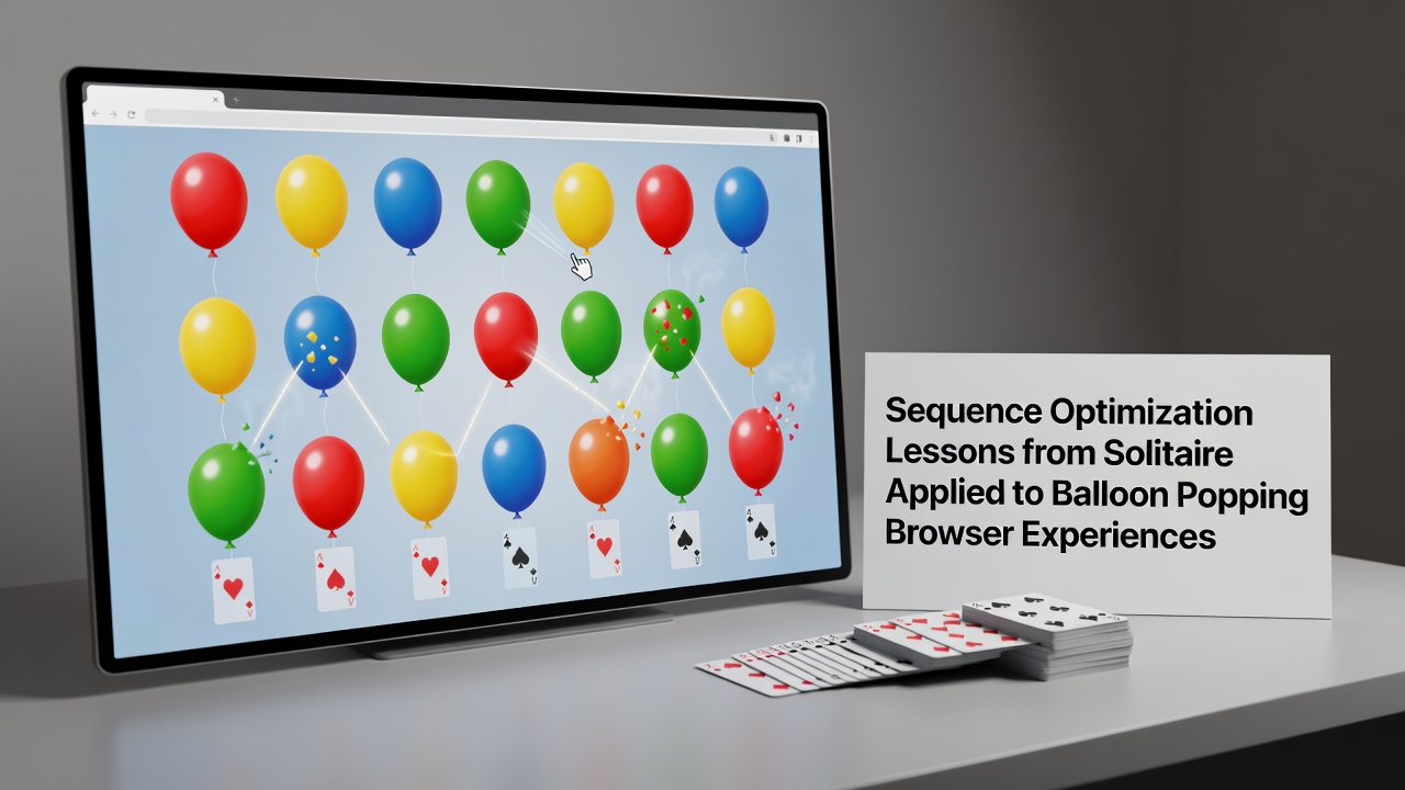 Browser interface showing solitaire card sequences alongside balloon popping grid with highlighted move orders