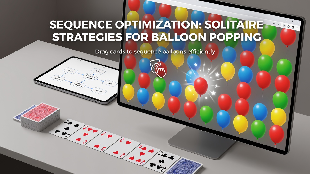 Side-by-side comparison of optimized move sequences in digital solitaire and balloon chain reactions on a browser canvas