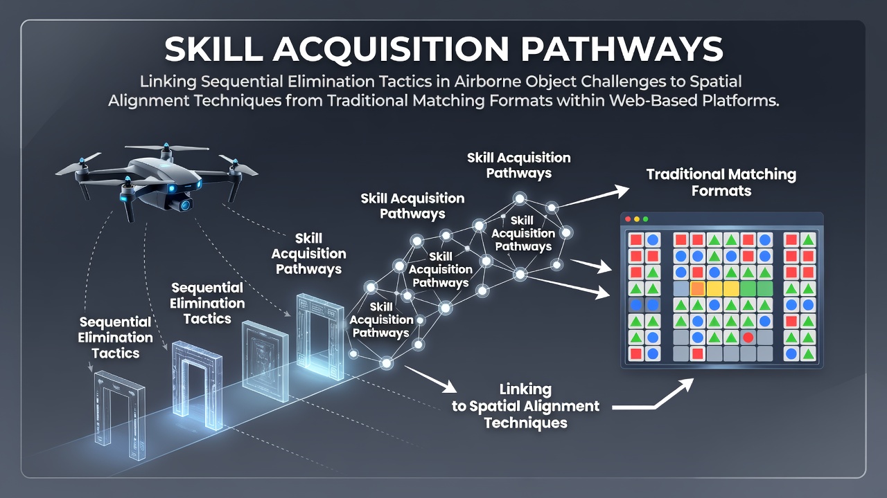 Illustration of skill pathways between airborne elimination games and spatial matching formats on web platforms