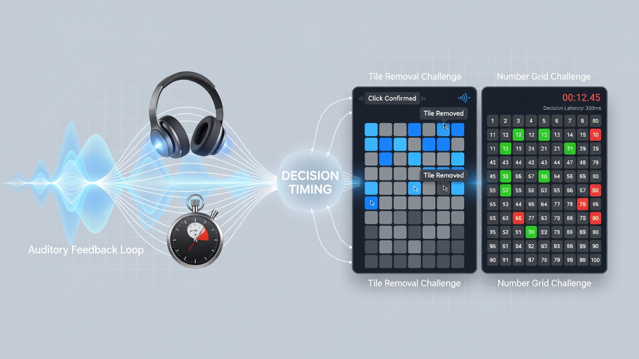 Web-based puzzle interface showing tile removal mechanics alongside a number grid with visual sound wave indicators